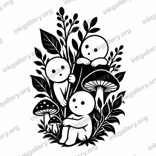 Blackwork tattoo of Blackwork tattoo style: solid black ink only, high-contrast graphic silhouettes, bold negative space, dense pattern fills, no color, no gradients, strong shapes that read from a distance. Subject: Smiski