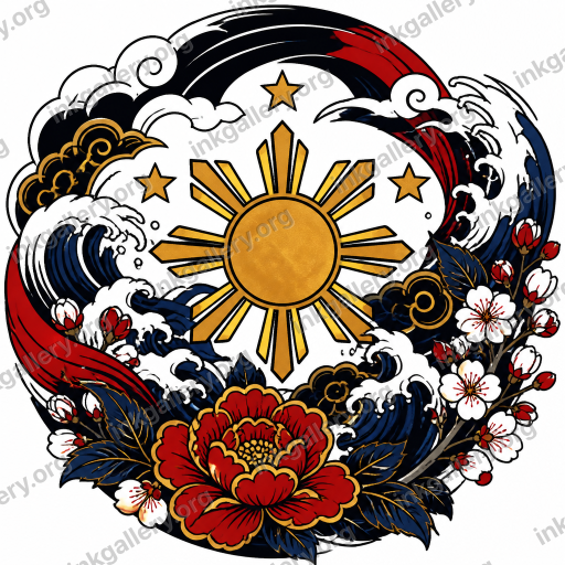 Japanese sun tattoo — Japanese irezumi tattoo style: bold black outlines, flowing wind bars and cresting water waves, solid color fills in red, indigo, black, and gold, iconic motifs (koi, dragons, tigers, hannya masks, cherry blossoms, peonies), dynamic body-flow composition with negative space clouds. Subject: Filipino sun