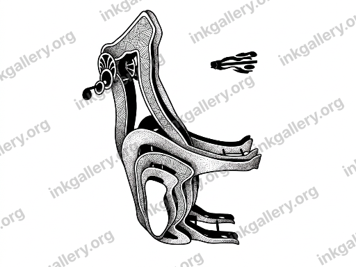 Blackwork tattoo of Blackwork tattoo style: solid black ink only, high-contrast graphic silhouettes, bold negative space, dense pattern fills, no color, no gradients, strong shapes that read from a distance. Based on the attached reference photo.
