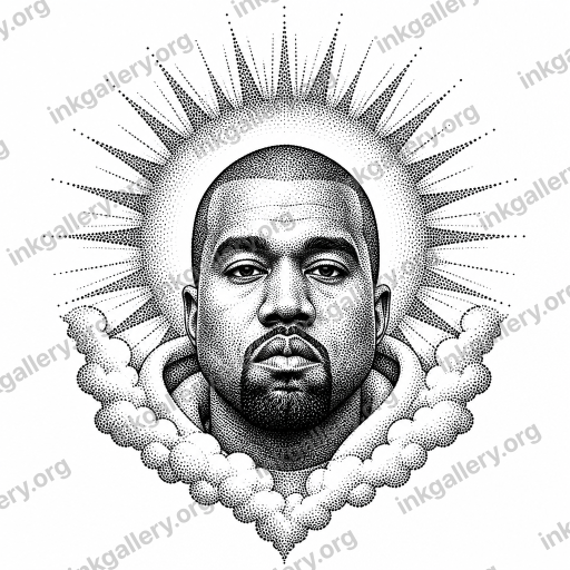 Dotwork dotwork tattoo — Dotwork tattoo style: shading and gradients built entirely from stippled black dots (pointillism), no solid fills, no line shading, smooth tonal transitions from densely packed to sparse dots, fine textured surfaces, monochrome. Subject: Ye