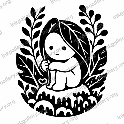Blackwork tattoo of Blackwork tattoo style: solid black ink only, high-contrast graphic silhouettes, bold negative space, dense pattern fills, no color, no gradients, strong shapes that read from a distance. Subject: Smiski