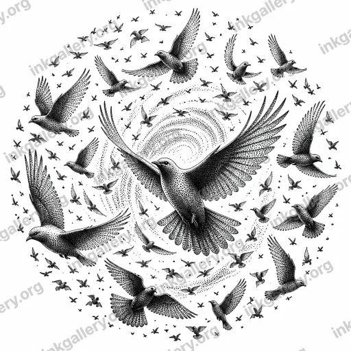 Dotwork tattoo of whole lot of birds