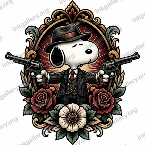Neo-Traditional shading tattoo — Neo-traditional tattoo style: heavy black outlines with tapered variable line weight, dimensional smooth shading, rich expanded palette with muted jewel tones and pastels, decorative illustrative subjects with ornate framing. Subject: Snoopy holding two revolvers pointing in opposite directions