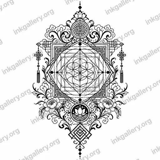 Ornamental + Geometric style tattoo design of asian heritage patterns, black-ink stencil on white background