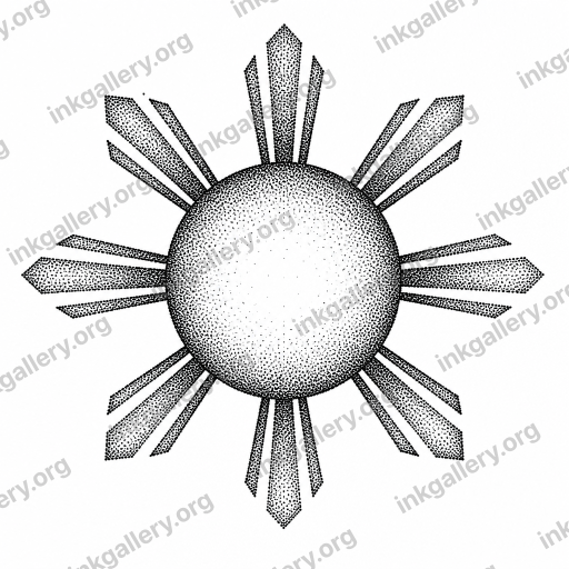 Dotwork style tattoo design of Dotwork tattoo style: shading and gradients built entirely from stippled black dots (pointillism), no solid fills, no line shading, smooth tonal transitions from densely packed to sparse dots, fine textured surfaces, monochrome. Subject: Filipino sun, black-ink stencil on white background