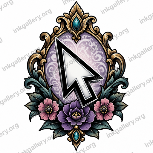 Neo-Traditional tattoo of Neo-traditional tattoo style: heavy black outlines with tapered variable line weight, dimensional smooth shading, rich expanded palette with muted jewel tones and pastels, decorative illustrative subjects with ornate framing. Subject: Mouse pointer