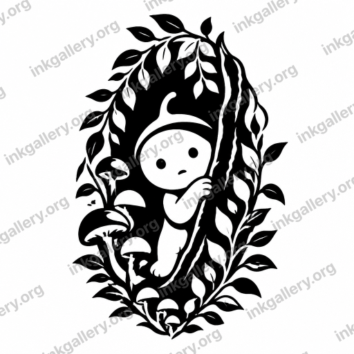 Blackwork style tattoo design of Blackwork tattoo style: solid black ink only, high-contrast graphic silhouettes, bold negative space, dense pattern fills, no color, no gradients, strong shapes that read from a distance. Subject: Smiski, black-ink stencil on white background