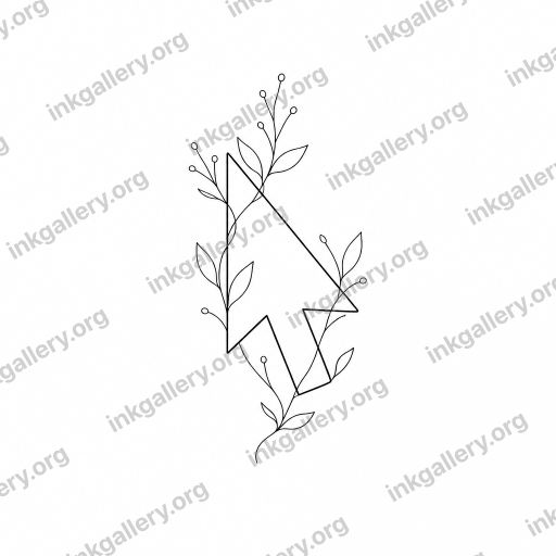 Fine Line detail tattoo — Fine line tattoo style: single-needle whisper-thin uniform black strokes, delicate minimalist linework, generous negative space, no shading or fills, subtle botanical or figurative detail, elegant and understated. Subject: Mouse pointer