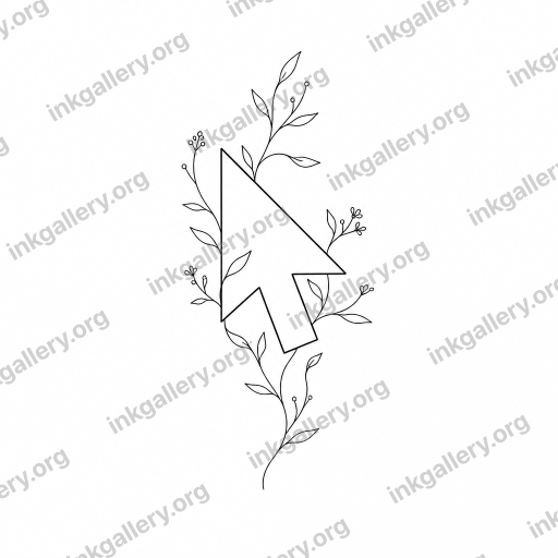 Fine Line style tattoo design of Fine line tattoo style: single-needle whisper-thin uniform black strokes, delicate minimalist linework, generous negative space, no shading or fills, subtle botanical or figurative detail, elegant and understated. Subject: Mouse pointer, black-ink stencil on white background