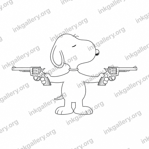 Fine Line style tattoo design of Fine line tattoo style: single-needle whisper-thin uniform black strokes, delicate minimalist linework, generous negative space, no shading or fills, subtle botanical or figurative detail, elegant and understated. Subject: Snoopy holding two revolvers pointing in opposite directions, black-ink stencil on white background
