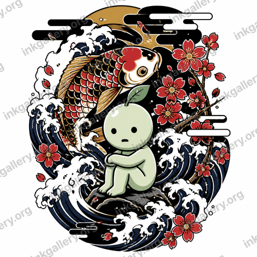 Japanese style tattoo design of Japanese irezumi tattoo style: bold black outlines, flowing wind bars and cresting water waves, solid color fills in red, indigo, black, and gold, iconic motifs (koi, dragons, tigers, hannya masks, cherry blossoms, peonies), dynamic body-flow composition with negative space clouds. Subject: Smiski, black-ink stencil on white background