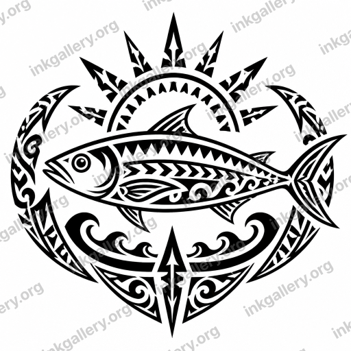 Tribal tattoo of Tribal Polynesian tattoo style: solid black bold shapes, rhythmic curves, spearheads and enata figures, repeating cultural motifs (ocean waves, shark teeth, sun rays), high-contrast negative-space patterns, no color, no shading, body-conforming composition. Subject: Bangus Filipino fish