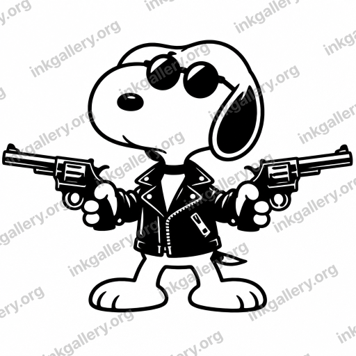 Blackwork style tattoo design of Blackwork tattoo style: solid black ink only, high-contrast graphic silhouettes, bold negative space, dense pattern fills, no color, no gradients, strong shapes that read from a distance. Subject: Snoopy holding two revolvers pointing in opposite directions, black-ink stencil on white background