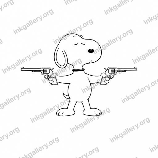 Fine Line tattoo of Fine line tattoo style: single-needle whisper-thin uniform black strokes, delicate minimalist linework, generous negative space, no shading or fills, subtle botanical or figurative detail, elegant and understated. Subject: Snoopy holding two revolvers pointing in opposite directions