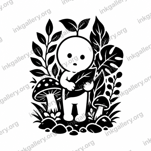 Blackwork tattoo of Blackwork tattoo style: solid black ink only, high-contrast graphic silhouettes, bold negative space, dense pattern fills, no color, no gradients, strong shapes that read from a distance. Subject: Smiski