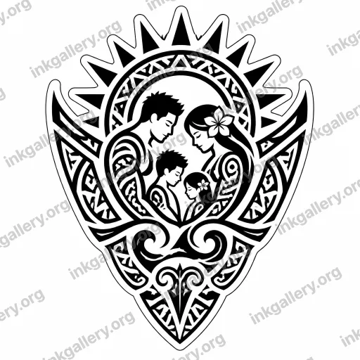 Sticker / Neo Illustrative + Tribal style tattoo design of family crest, black-ink stencil on white background