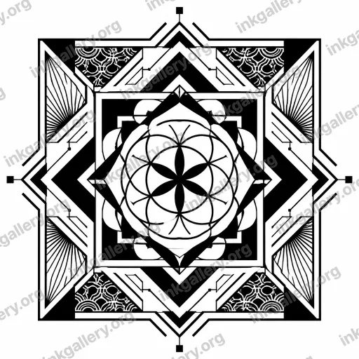 Geometric + Blackwork style tattoo design of Square geometric composition ii type of tattoo, black-ink stencil on white background