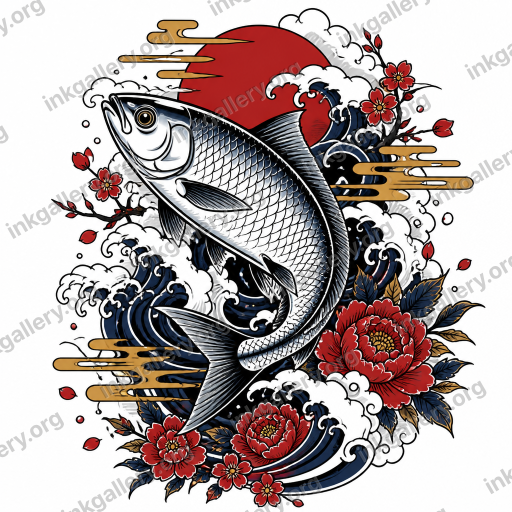 Japanese tattoo of Japanese irezumi tattoo style: bold black outlines, flowing wind bars and cresting water waves, solid color fills in red, indigo, black, and gold, iconic motifs (koi, dragons, tigers, hannya masks, cherry blossoms, peonies), dynamic body-flow composition with negative space clouds. Subject: Bangus Filipino fish