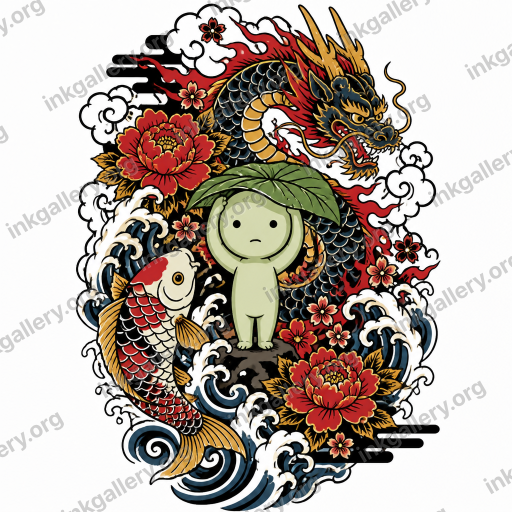 Japanese tattoo of Japanese irezumi tattoo style: bold black outlines, flowing wind bars and cresting water waves, solid color fills in red, indigo, black, and gold, iconic motifs (koi, dragons, tigers, hannya masks, cherry blossoms, peonies), dynamic body-flow composition with negative space clouds. Subject: Smiski