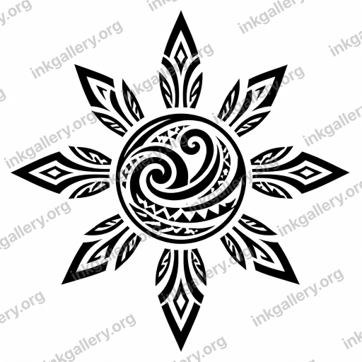 Tribal wave tattoo — Tribal Polynesian tattoo style: solid black bold shapes, rhythmic curves, spearheads and enata figures, repeating cultural motifs (ocean waves, shark teeth, sun rays), high-contrast negative-space patterns, no color, no shading, body-conforming composition. Subject: Filipino sun