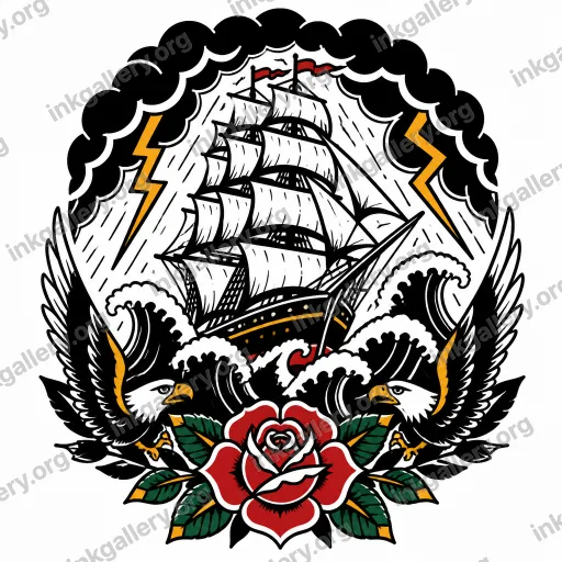 Blackwork + American Traditional style tattoo design of vintage clipper ship in a storm, black-ink stencil on white background