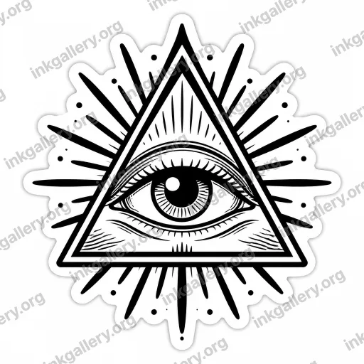Sticker / Neo-Illustrative style tattoo design of eye inside a triangle with rays, black-ink stencil on white background