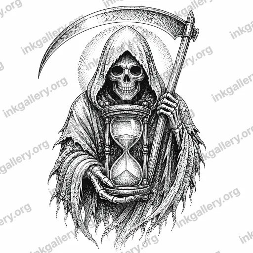Dotwork tattoo of grim reaper with an hourglass