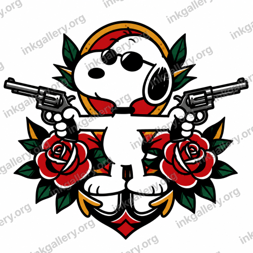 American Traditional style tattoo design of American traditional tattoo style: bold thick uniform black outlines, saturated flat color palette limited to red, green, yellow, and black, minimal shading with solid color blocks and small white highlights, iconic old-school imagery (roses, daggers, eagles, anchors), high-contrast graphic composition designed to age well on skin. Subject: Snoopy holding two revolvers pointing in opposite directions, black-ink stencil on white background