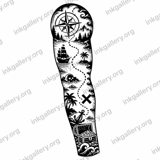 Blackwork tattoo of Blackwork tattoo style: solid black ink only, high-contrast graphic silhouettes, bold negative space, dense pattern fills, no color, no gradients, strong shapes that read from a distance. Subject: Arm sleeve treasure map dotted line tattoo