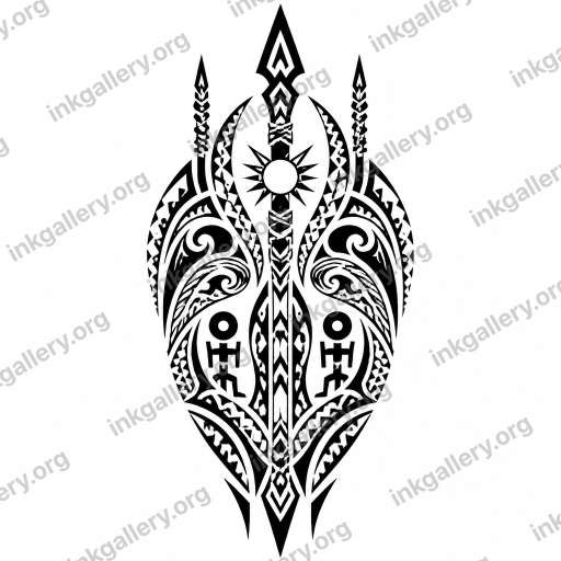 Tribal tattoo of Tribal Polynesian tattoo style: solid black bold shapes, rhythmic curves, spearheads and enata figures, repeating cultural motifs (ocean waves, shark teeth, sun rays), high-contrast negative-space patterns, no color, no shading, body-conforming composition. Subject: Pakudos traditional Filipino tattoo