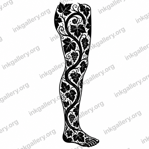 Blackwork tattoo of Blackwork tattoo style: solid black ink only, high-contrast graphic silhouettes, bold negative space, dense pattern fills, no color, no gradients, strong shapes that read from a distance. Subject: Leg sleeve vine