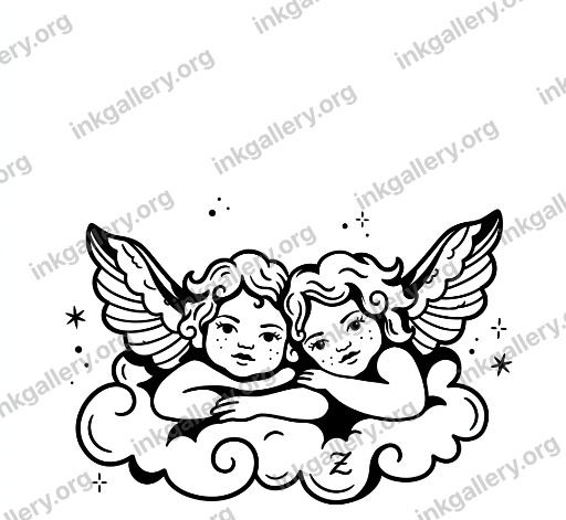 American Traditional tattoo of American traditional tattoo style: bold thick uniform black outlines, saturated flat color palette limited to red, green, yellow, and black, minimal shading with solid color blocks and small white highlights, iconic old-school imagery (roses, daggers, eagles, anchors), high-contrast graphic composition designed to age well on skin. Based on the attached reference photo. Two cherubs on a cloud. Black and white. Fine line meets American traditional with “z” hidden in cloud