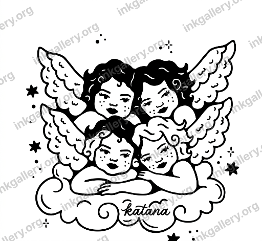 American Traditional style tattoo design of American traditional tattoo style: bold thick uniform black outlines, saturated flat color palette limited to red, green, yellow, and black, minimal shading with solid color blocks and small white highlights, iconic old-school imagery (roses, daggers, eagles, anchors), high-contrast graphic composition designed to age well on skin. Based on the attached reference photo. Two cherubs on a cloud with the name “katana” written in the cloud but small. black and white. Whimsy., black-ink stencil on white background