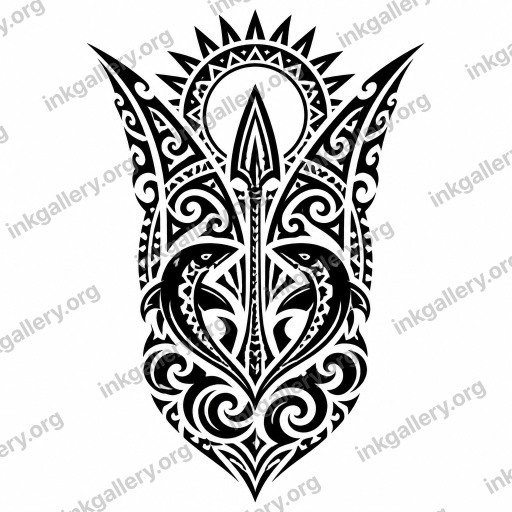 Tribal tattoo of Tribal Polynesian tattoo style: solid black bold shapes, rhythmic curves, spearheads and enata figures, repeating cultural motifs (ocean waves, shark teeth, sun rays), high-contrast negative-space patterns, no color, no shading, body-conforming composition. Subject: たいぜつのへとといつかまためぐりあいますように