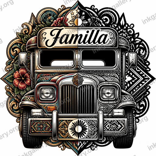 Neo Traditional + Blackwork style tattoo design of Front of a Filipino Jeepney with Jamilla written as the name of the jeepney, black-ink stencil on white background