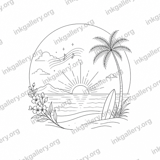 Fine Line tattoo of Beach, sun, music