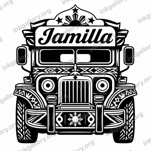 Blackwork style tattoo design of Front of a Filipino Jeepney with Jamilla written as the name of the jeepney, black-ink stencil on white background