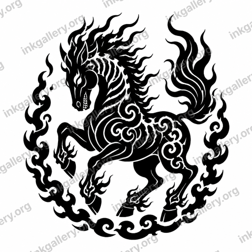 Blackwork style tattoo design of Blackwork tattoo style: solid black ink only, high-contrast graphic silhouettes, bold negative space, dense pattern fills, no color, no gradients, strong shapes that read from a distance. Subject: Pakudos, black-ink stencil on white background