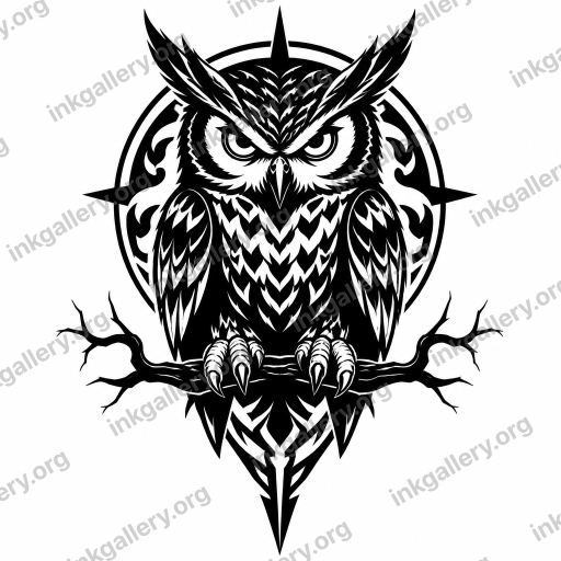 Blackwork tattoo of Blackwork tattoo style: solid black ink only, high-contrast graphic silhouettes, bold negative space, dense pattern fills, no color, no gradients, strong shapes that read from a distance. Subject: Badass owl