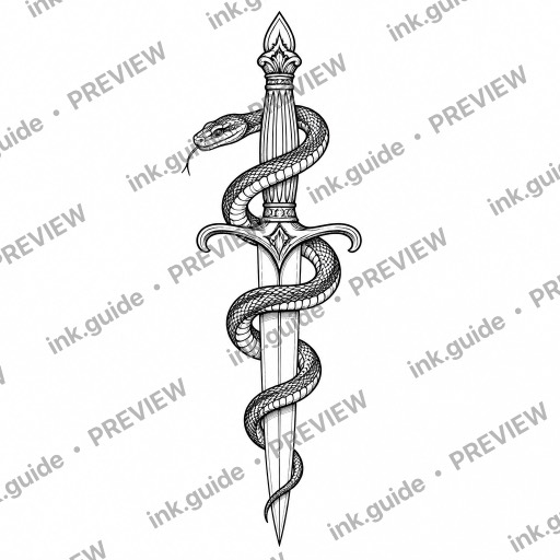 Fine Line tattoo of Fine Line style. snake coiled around a dagger