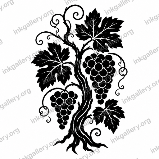 Blackwork tattoo of Blackwork tattoo style: solid black ink only, high-contrast graphic silhouettes, bold negative space, dense pattern fills, no color, no gradients, strong shapes that read from a distance. Subject: Grapevine tattoo