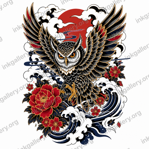 Japanese tattoo of Japanese irezumi tattoo style: bold black outlines, flowing wind bars and cresting water waves, solid color fills in red, indigo, black, and gold, iconic motifs (koi, dragons, tigers, hannya masks, cherry blossoms, peonies), dynamic body-flow composition with negative space clouds. Subject: Badass owl