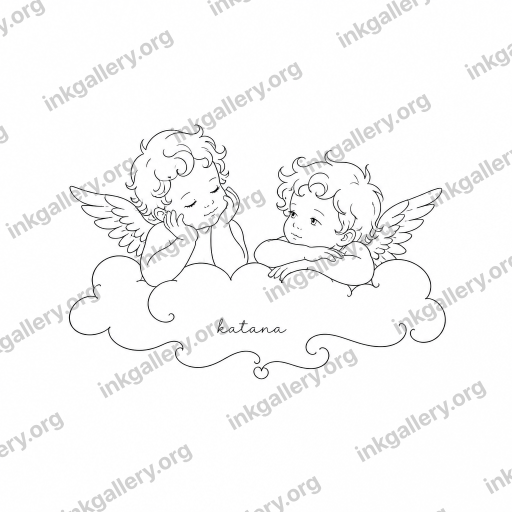 Fine Line tattoo of Fine line tattoo style: single-needle whisper-thin uniform black strokes, delicate minimalist linework, generous negative space, no shading or fills, subtle botanical or figurative detail, elegant and understated. Subject: Two cherubs on a cloud with the name “katana” written in the cloud but small. black and white. Whimsy and less realistic