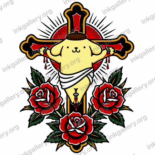 American Traditional american tattoo — American traditional tattoo style: bold thick uniform black outlines, saturated flat color palette limited to red, green, yellow, and black, minimal shading with solid color blocks and small white highlights, iconic old-school imagery (roses, daggers, eagles, anchors), high-contrast graphic composition designed to age well on skin. Subject: PomPompourin on a cross, gothic look.