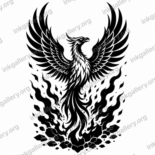 Blackwork tattoo of Phoenix rising from the ashes