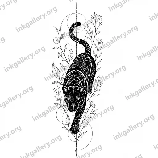Blackwork + Fine Line style tattoo design of Panther on arm, black-ink stencil on white background