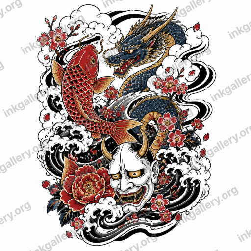 Japanese style tattoo design of Japanese irezumi tattoo style: bold black outlines, flowing wind bars and cresting water waves, solid color fills in red, indigo, black, and gold, iconic motifs (koi, dragons, tigers, hannya masks, cherry blossoms, peonies), dynamic body-flow composition with negative space clouds. Subject: たいぜつのへとといつかまためぐりあいますように, black-ink stencil on white background