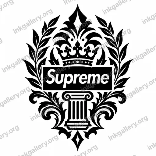 Blackwork tattoo of Blackwork tattoo style: solid black ink only, high-contrast graphic silhouettes, bold negative space, dense pattern fills, no color, no gradients, strong shapes that read from a distance. Subject: supreme new york
