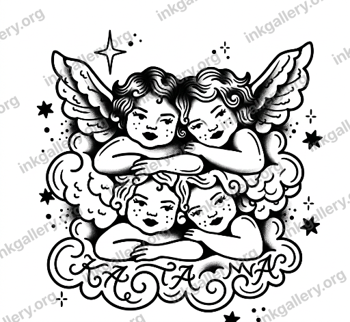 American Traditional tattoo of American traditional tattoo style: bold thick uniform black outlines, saturated flat color palette limited to red, green, yellow, and black, minimal shading with solid color blocks and small white highlights, iconic old-school imagery (roses, daggers, eagles, anchors), high-contrast graphic composition designed to age well on skin. Based on the attached reference photo. Two cherubs on a cloud with the name “katana” written in the cloud but small. black and white. Whimsy.