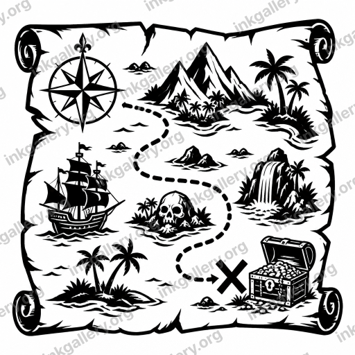 Blackwork tattoo of Blackwork tattoo style: solid black ink only, high-contrast graphic silhouettes, bold negative space, dense pattern fills, no color, no gradients, strong shapes that read from a distance. Subject: Treasure map dotted line curving around